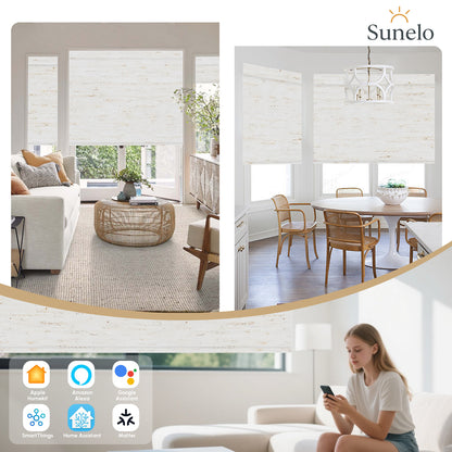 Sunelo No Drill Roller Shades, Motorized 100% Blackout - Linen