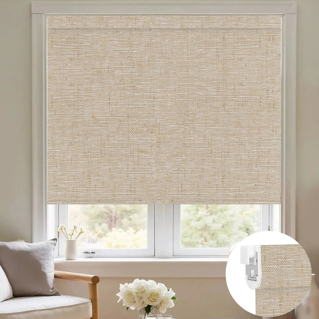 Sunelo No Drill Roller Shades, Motorized 100% Blackout - Linen
