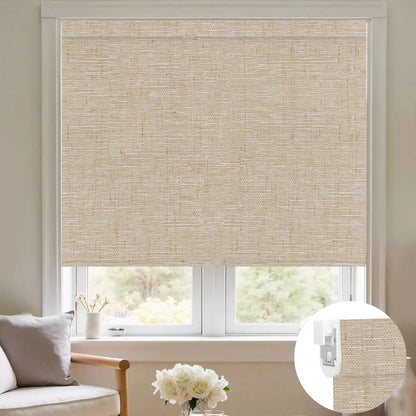 Sunelo No Drill Roller Shades, Motorized 100% Blackout - Linen