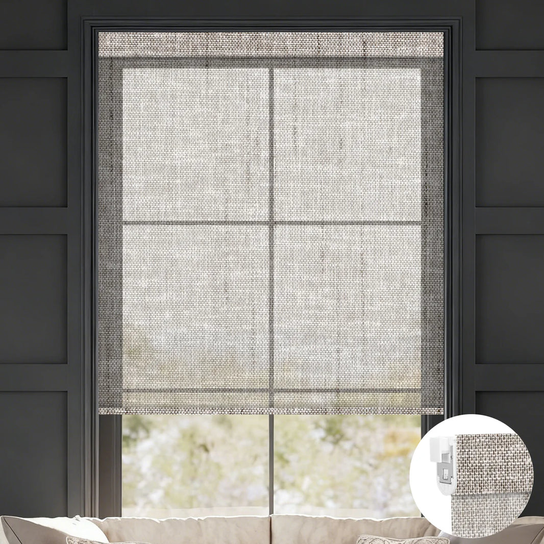 Sunelo No Drill Roller Shades, Motorized 50% Blackout Light Filtering - Sheer